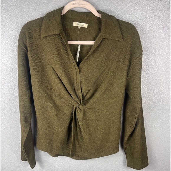 NWT Madewell Twist Front Long Sleeve Shimmery Top Womens S Green Button Mature - Picture 4 of 13